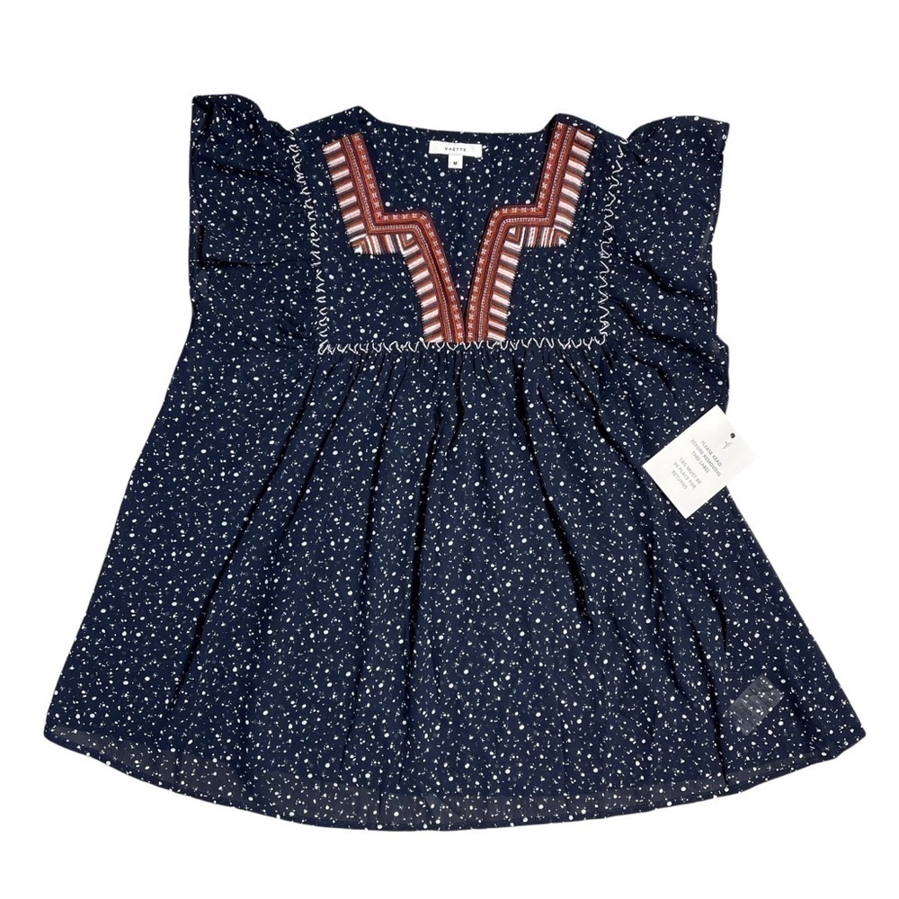 Maette Navy Blue Embroidered Cap Sleeve Blouse M